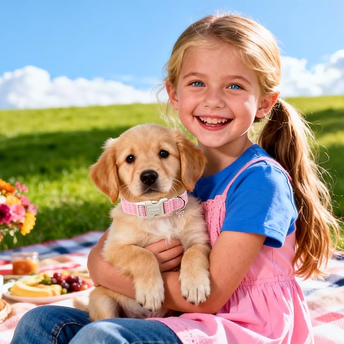 DOGWONG Pink Plaid Collar for Small Medium Large Dogs - Pink Dog Collar for Girl Female Dogs,L