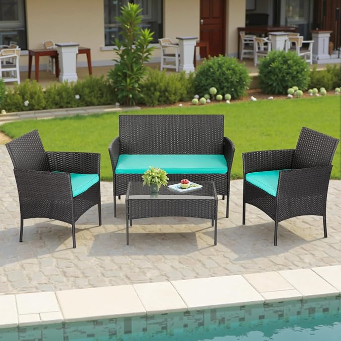FDW | 4-Piece Patio Furniture Set | Blue | Outdoor Wicker Furniture with Coffee Table | Modern Rattan Chairs Conversation Set | Outdoor Seating | Weather-Resistant | for Porch, Garden, Lawn