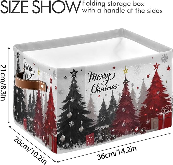 Christmas Tree Storage Basket with Waterproof Liner and PU Handles Xmas Winter Gray Black Red Snowflake Storage Bins Boxes 14.2" Collapsible Decorative Baskets for Bedroom Closet Office 1 Pack