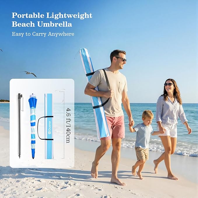 Duerer 8.5FT Beach Umbrella with Sand Anchor–Heavy Duty Windproof UPF 50+ Sun Shade, Portable Travel Beach Umbrella with Tilt & Carry Bag for Beach, Sand, Garden, Patio, Pool