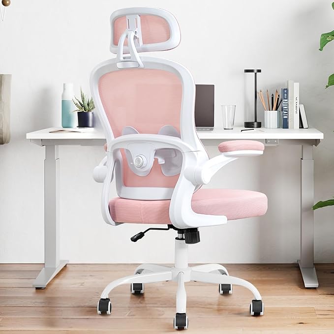 Ergonomic Office Chair,Ultra Thick Office Desk Chair with Adjustable Lumbar Support and Headrest,Spring Cushion,Rocking Function,Flip-up arms,Mesh Computer Chair for Home Office,Pink