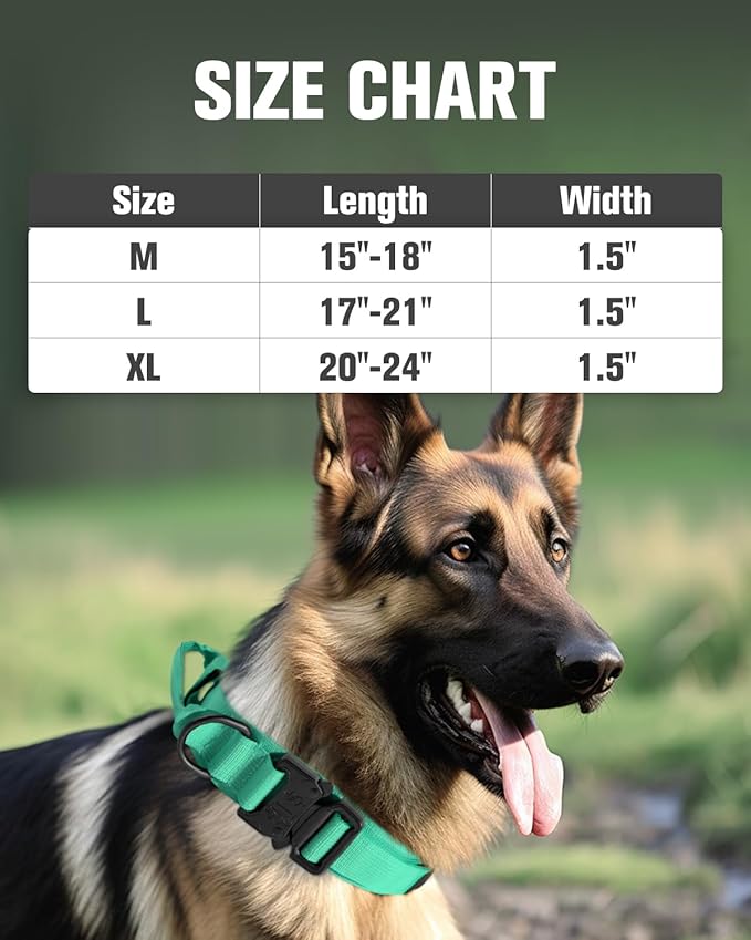 Joytale Tactical Dog Collar with Handle, Adjustable Heavy Duty Military Collar with 2 Patches for Training, Suitable for Large Dogs, Teal, L