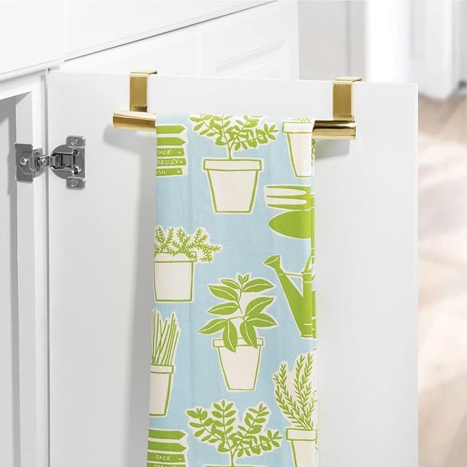 mDesign Steel Over Door Curved Towel Bar Storage, Hanger for Cabinet or Cupboard, Holder Rack for Kitchen, Bathroom - Holds Hand/Dish Towels, Washcloths - Spira Collection - 2 Pack - Soft Brass