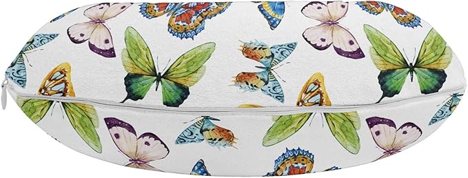 Ambesonne Butterfly Travel Pillow Neck Rest, Colorful Watercolor Animals with Numerous Different Designs and Elements, Memory Foam Traveling Accessory for Airplane and Car, 12", Yellow Blue