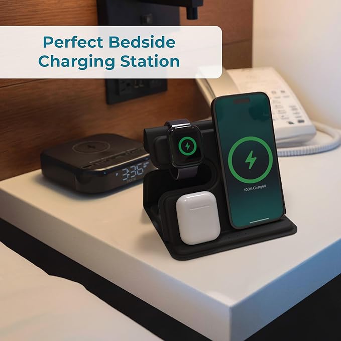 BLACK+DECKER 3 in 1 Charging Station for Apple Multiple Devices, Wireless Foldable Travel Charger for Multiple Devices iPhone 17 16 15 14 13 Pro Max Plus Apple Watch Series/AirPods (Black)