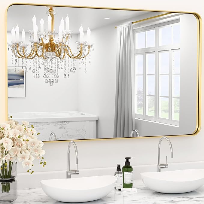 30"X36" Large Gold Metal Framed Bathroom Mirror for Wall, Large Mirrors for Spacious Rooms,Gold Rounded Rectangle Mirror, Brushed Gold Bathroom Vanity Mirror Farmhouse, Anti-Rust, Tempered Glass