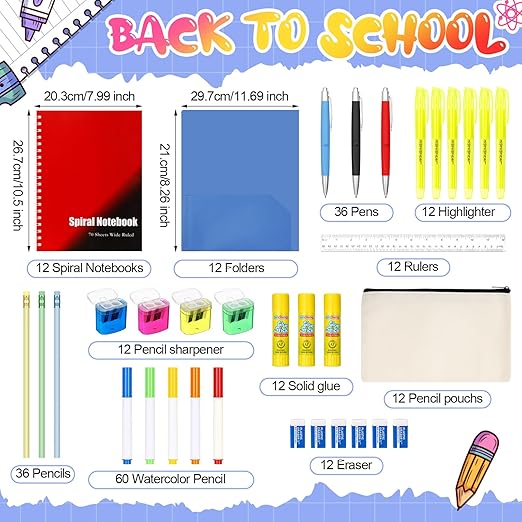 12 Set of 240 Pcs Back to School Supplies Kits Bulk Elementary Supply Bundle Kit K-12 Middle High School Supplies Essentials Set Notebook Folder Pencil Color Pen and More for Classroom Student