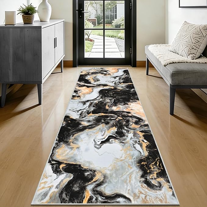 Yinhua 2x7'3 Runner Rug for Hallway, Marble Black and Gold Rugs Non Skid, Washable Kitchen Runner Rug Non Slip, Soft Modern Area Rugs Low Pile, Abstract Carpet for Bathroom Entryway Laundry