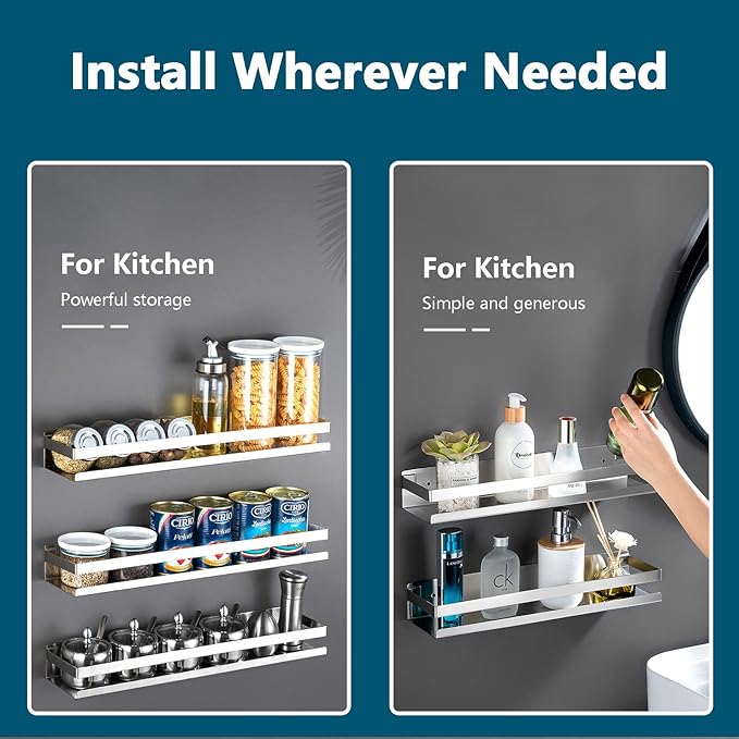 Rustproof Metal Storage Floating Shelves Wall Mounted Rectangular Shelf for Bedroom,Bathroom, Living Room, Kitchen, and Laundry Room,Nail-Free Wall-Mounted Shelves（7.9 Inch Silver）