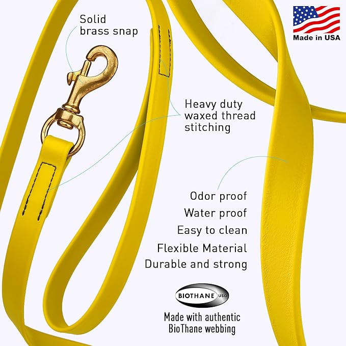 Viper Biothane K9 Working Dog Leash Waterproof Lead for Tracking Training Schutzhund Odor-Proof Long Line with Solid Brass Snap for Puppy Medium and Large Dogs, 20ft Lemon Yellow