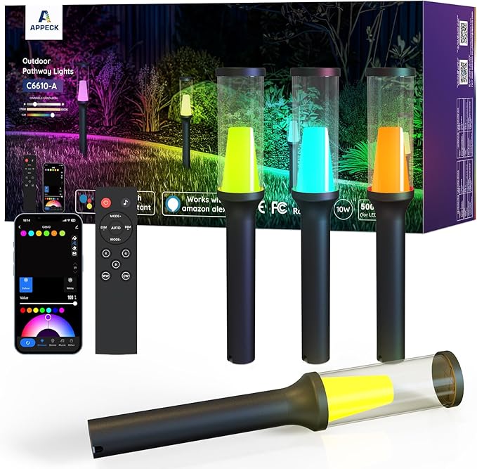 APPECK Pathway Lights Outdoor 800LM, RGBCW Low Voltage Landscape Lighting, Smart APP and Alexa Control, IP65 Waterproof, Color Changing Walkway Lights for Garden, Yard, Patio, Christmas, 4 Pack