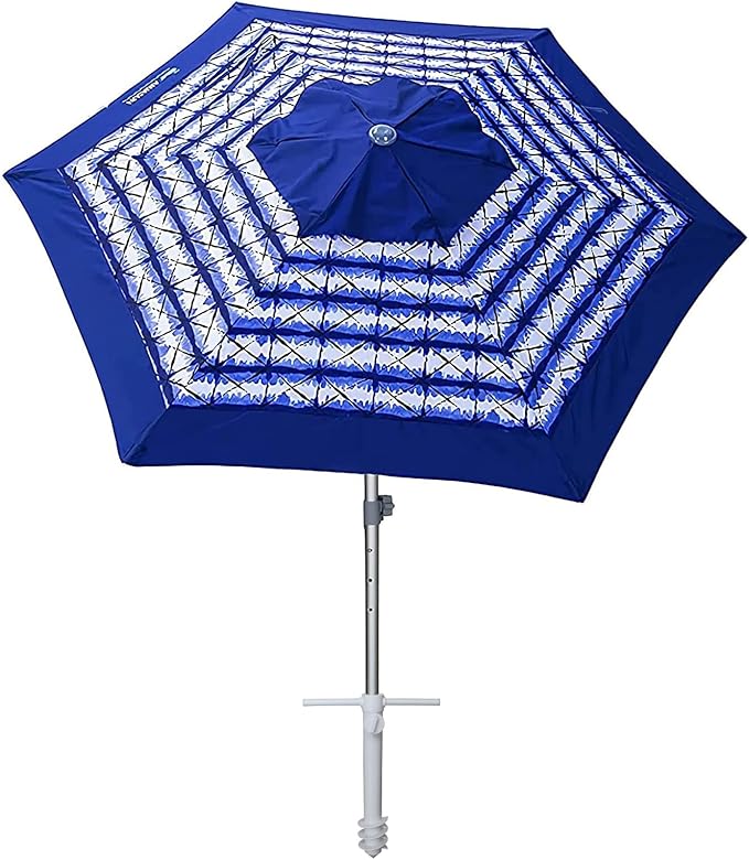 AMMSUN 8ft Large Beach Umbrellas for Sand Heavy Huty Wind Portable Commercial Grade Patio Beach Umbrella with Sand Anchor Adjustable Height Air Vent UPF 50+ Telescoping Pole without tilt Blue White