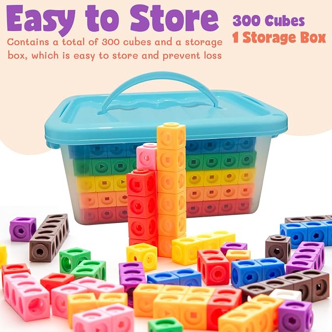 300 Pcs Linking Cubes for Math with Storage Boxes, Kids Counting Blocks for Math STEM Connecting Cubes Math Manipulatives Classroom Learning Supplies for Preschool and Elementary Aged Kids