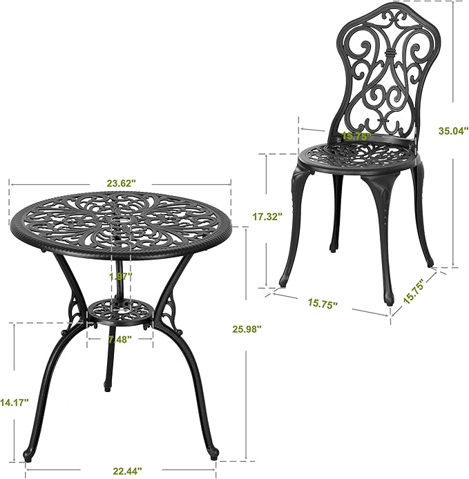 NUU GARDEN 3 Pieces Patio Bistro Set, Round Table with Umbrella Hole, Outdoor Bistro Set with 2 Chairs, All-Weather Outdoor Patio Bistro Set for Garden, Lawn, Poolside, Porch, Black
