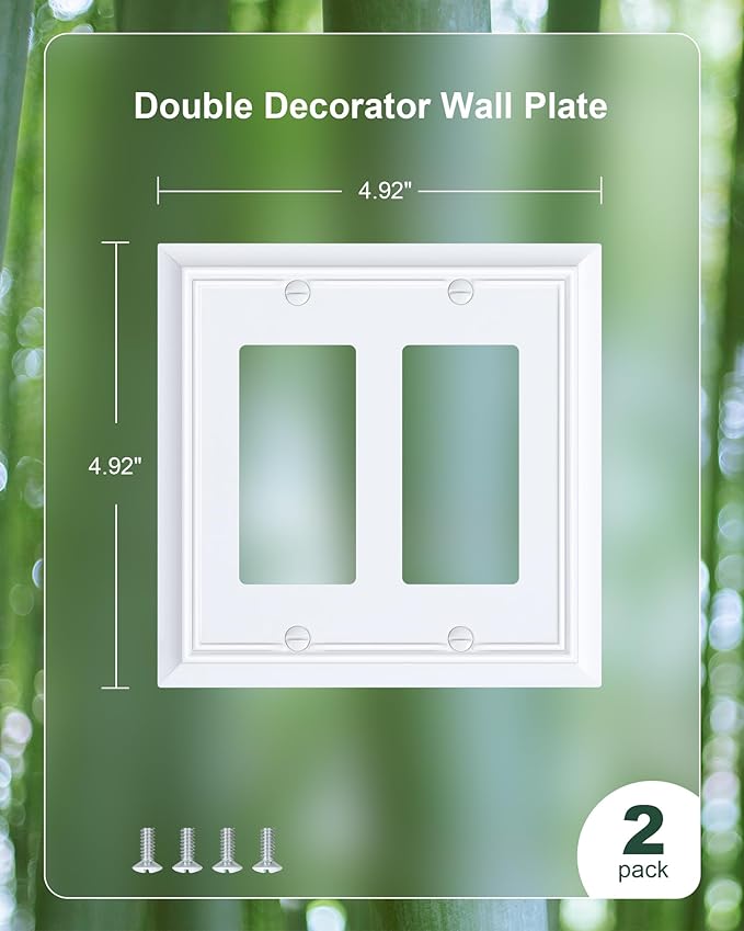 2-Pack Decorative Double Decorator Outlet Cover Plate, Pure White Durable Natural Bamboo Fiber Wall Plates for Electrical Outlets, Receptacle, GFCI Outlet, Dimmer Switch, 2-Gang, Corrosion Resistant
