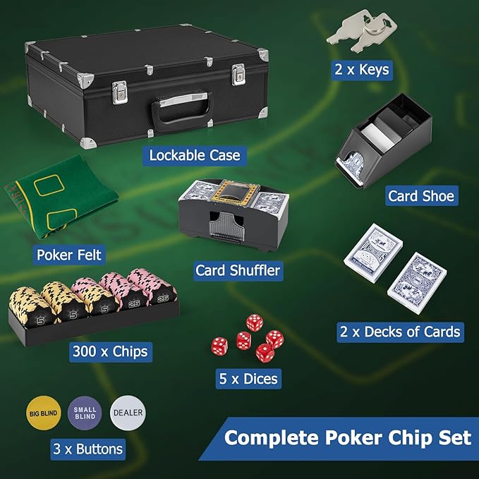 GYMAX Poker Chips Set, 300 PCS Texas Hold 'em Casino Chip Set w/Carrying Case, 6 Decks of Cards, 5 Dices & 3 Dealer Buttons, Poker Felt, Card Shuffler, Card Shoe, for Blackjack Gambling