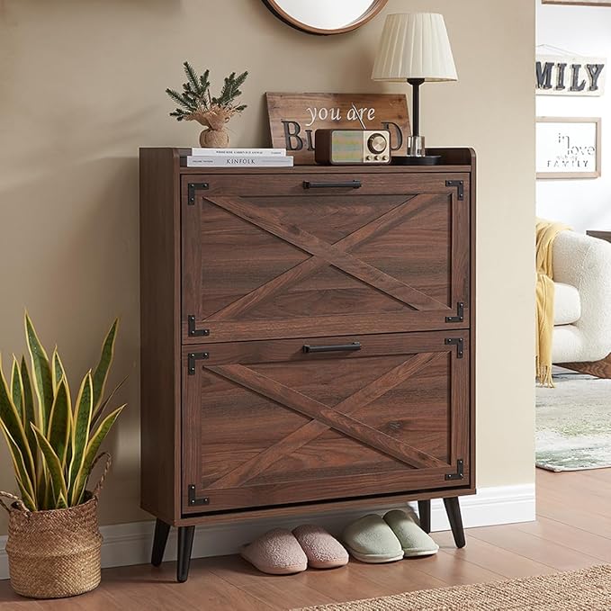 Shoe Storage Cabinet,Farmhouse Shoe Organizer with 2 Flip Drawers & Barn Door Design,Freestanding Hidden Slim Narrow Shoe Rack Cabinet for Entryway,Foyer,Hallway,Walnut