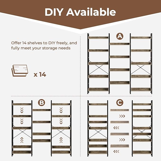Rolanstar Bookshelf 5 Tiers, Triple Bookcase with Open Display Shelves, Industrial Wide Bookshelf with Metal Frame for Living Room, Office, Grey