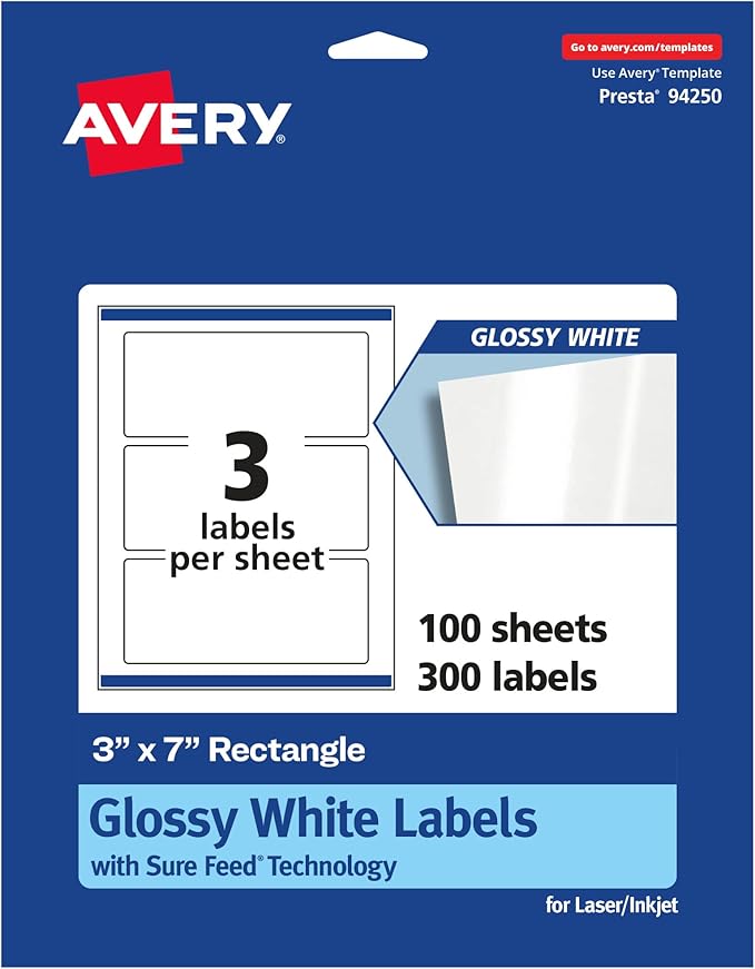 Avery Glossy White Rectangle Labels, Sure Feed Technology, 3" x 7", 300 Glossy White Labels, Print-to-The-Edge, Permanent Adhesive, Laser/Inkjet Printable
