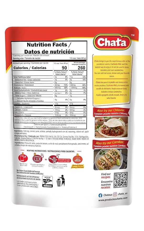 Chata Seasoned Shredded Meat 8.8oz Pouch (Pack of 1) (Select Flavor Below) (Cochinita Pibil).