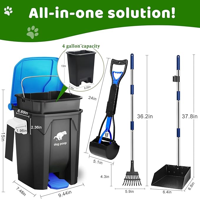 Dog Poop Trash Can Outside with Pooper Scooper and Metal Rake & Tray, 20L/5Gal Dog Waste Trash Can with Lid, Pedal and Removable Inner Waste Bin, Pet Poop Bin with 100 Bags, Blue