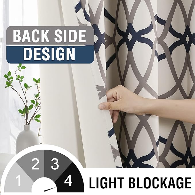 H.VERSAILTEX Blackout Curtains Printed Design 63 Inch Length 2 Panels Set Thermal Insulated Curtains for Bedroom Living Room Geometric Modern Grommet Window Drapes - Grey and Navy