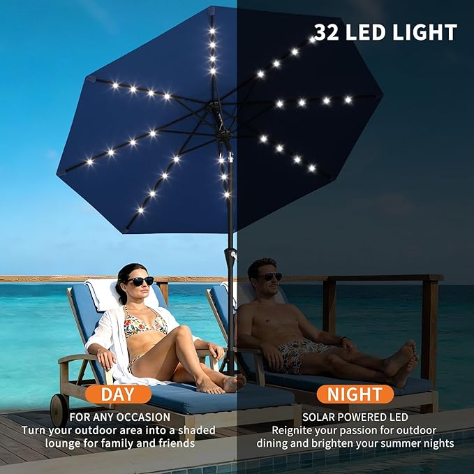 Garvee 10FT Solar Patio Umbrella with 32 LED Lights - Outdoor Table Umbrella with Crank Lift, Push Button Tilt and 8 Sturdy Ribs - Market Umbrella UV Protection for Pool, Deck, Yard, Garden -Navy Blue