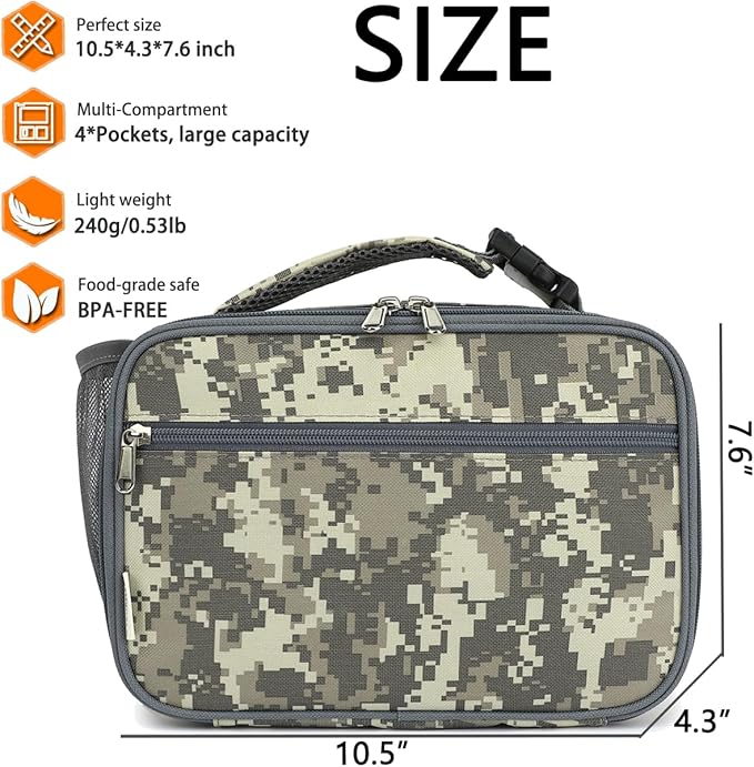 Insulated Lunch Box for School, Thermal Reusable Durable Freezable Lunch Bags for Kids Boys Girls Men Women - Small Soft Cooler Portable Lunch Tote Kit for Work Picnic Travel,Grey Camo