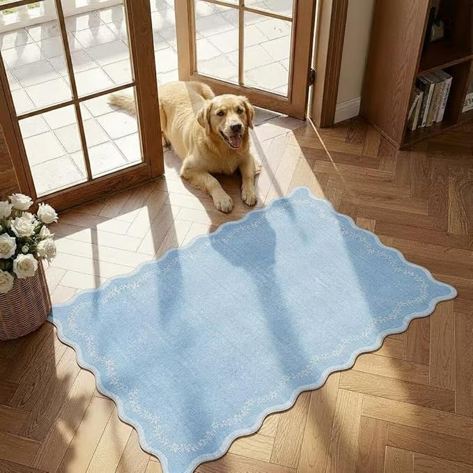 GarveeHome Scalloped Entryway Rug, 2x3 Solid Blue Washable Front Door Rug Indoor Entrance Floral Carpet Non-Slip Low Pile Throw Rugs for Kitchen Floor, Powder Room, Entry, Bathroom, Kids Room