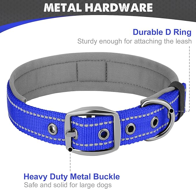 Joytale Dog Collar for Medium Dogs, Neoprene Padded and Adjustable, Reflective Wide Heavy Duty Pet Collars with Durable Metal Belt Buckle for Walking, Navy Blue, M