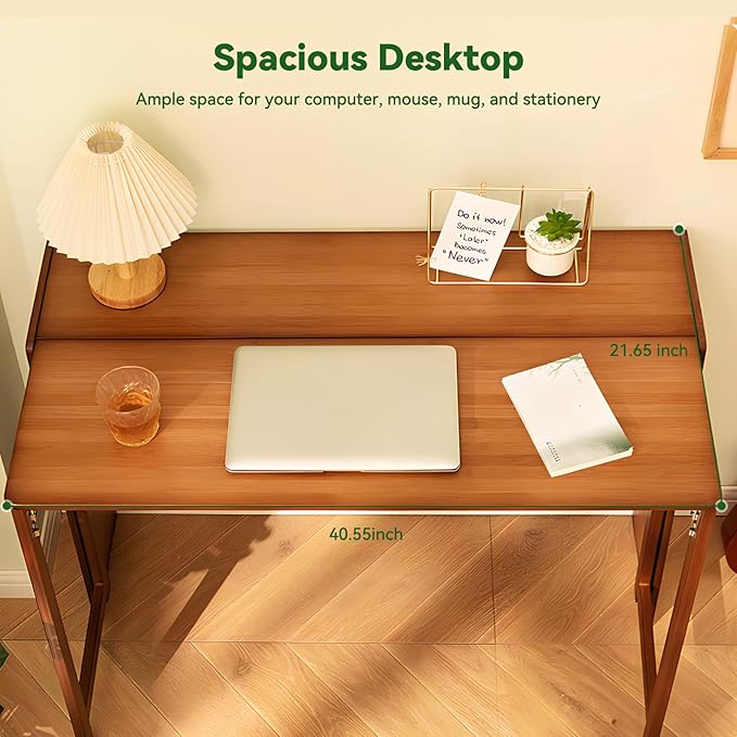 Bamboo Folding Desk Mid Century Modern Desk for Home Office Bedroom Small Spaces, Brown，40.55" Long Desktop