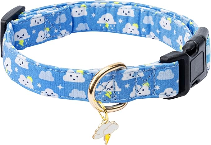 Cotton Dog Collar,Adjustable Cute Puppy Collar with Moon Patterned Design for Small Medium Large Dogs,Soft and Fancy Pet Collar with Safety Buckle for Girl Boy Dogs (Blue Cloud, S)