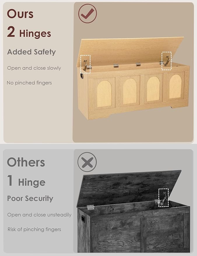 DINZI LVJ Storage Chest, 47.2" Rattan-Like Toy Box with 2 Safety Hinges, Wooden Entryway Storage Bench with Flip-Top, Large Trunk for Living Room, Bedroom, Easy Assembly, Natural