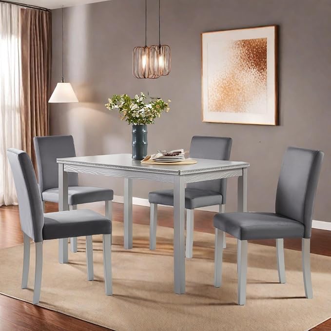 Dining Table Set for 4, 5-Piece Dining Room Table Set with Rectangular Crystal Decoration Table & 4 Upholstered Backrest Chairs, Counter Height Kitchen Sets with MDF Tabletop, Grey