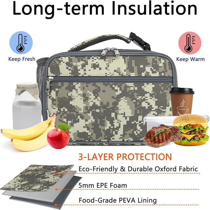 Insulated Lunch Box for School, Thermal Reusable Durable Freezable Lunch Bags for Kids Boys Girls Men Women - Small Soft Cooler Portable Lunch Tote Kit for Work Picnic Travel,Grey Camo
