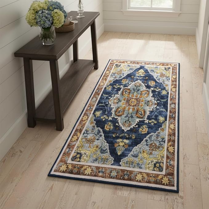 Muddy Mat짰 Mosaic 2ft x 10ft Washable Area Rugs for Living Room, Bedroom & Dining Room ??Modern Soft Low Pile Non Slip Carpet ??Pet Friendly Waterproof Foldable Rugs for Home