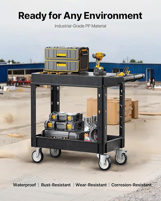 VEVOR Utility Cart, 550 lbs Load Capacity, 31.3 x 17.7-inch Service Cart, Two-Shelf Heavy Duty Plastic Utility Cart with 360° Swivel Wheels (2 with Brakes), Suitable for Warehouse, Garage, Cleaning