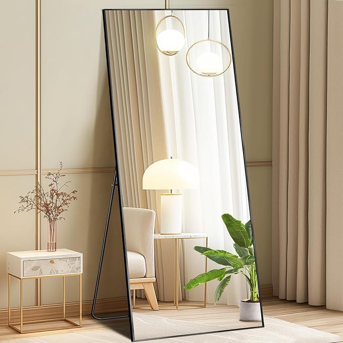 DUMOS Full Length Mirror with Stand, 65"x24" Floor Mirror with Aluminum Alloy Frame for Bedroom, Standing Full Body Mirror with Shatter-proorf Nano Glass for Wall, Living Room, Cloakroom, Black