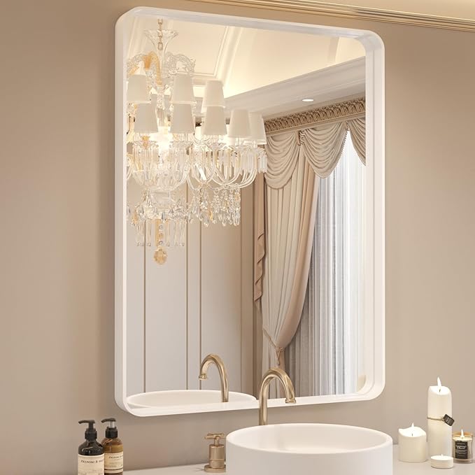 WEER White Bathroom Mirror 20X30 Inch, Rounded Rectangle White Metal Frame Mirror, Matte White Bathroom Vanity Mirror with Tempered Glass, Anti-Rust, Hangs Horizontally or Vertically