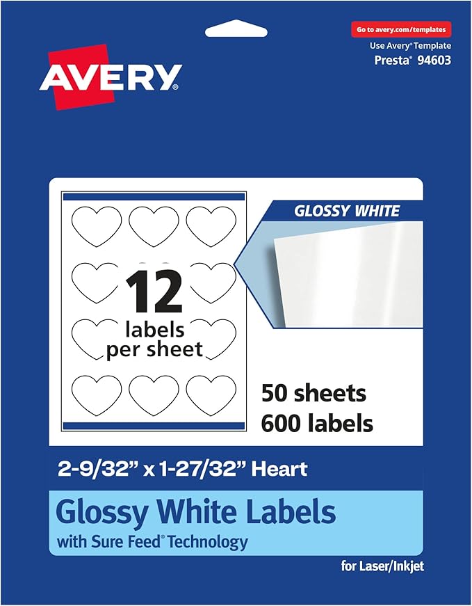 Avery Glossy White Heart Labels, Sure Feed Technology, 2-9/32" x 1-27/32", 600 Glossy White Labels, Print-to-The-Edge, Permanent Adhesive, Laser/Inkjet Printable