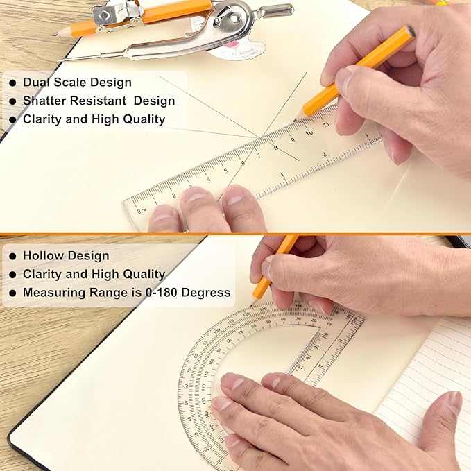 60 Pieces Geometry Math Set Compass for Geometry Math Compass and Protractor Set Include Metal Compass with Pencil Plastic Ruler and Protractor for Student School Office Woodworking Drawing Tools