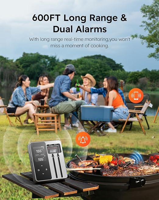 Smart Wireless Meat Thermometer | 6 Sensors Accuracy | 600FT Blutooth Range| IPX7 Waterpoof Dual Probes Digital Food Thermometer for Remote Monitoring of BBQ Grill, Oven, Smoker