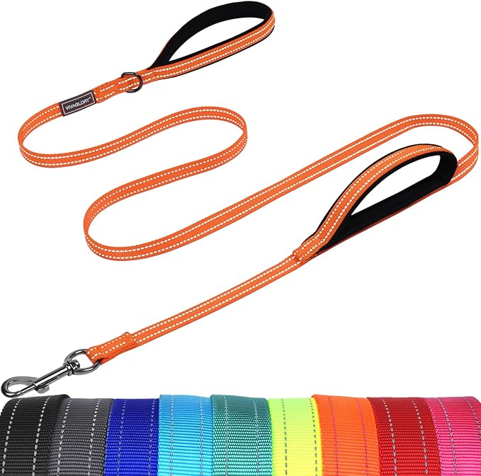 VIVAGLORY Twingrip Dog Leash, Double Handle Dog Leash for Training & Walking with Traffic Handle & 2 Loop, Traffic Control Reflective Heavy Duty for Puppy Pet, 5ft x 1/2in, Orange