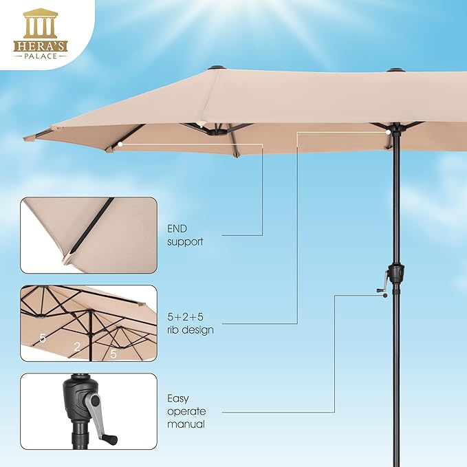 HERA'S PALACE 13 ft Rectangle Patio Umbrellas Large Outdoor Umbrella with Crank Powerful UV Protective Table Umbrella Outdoor Patio for Backyard, Pool, Garden, Deck