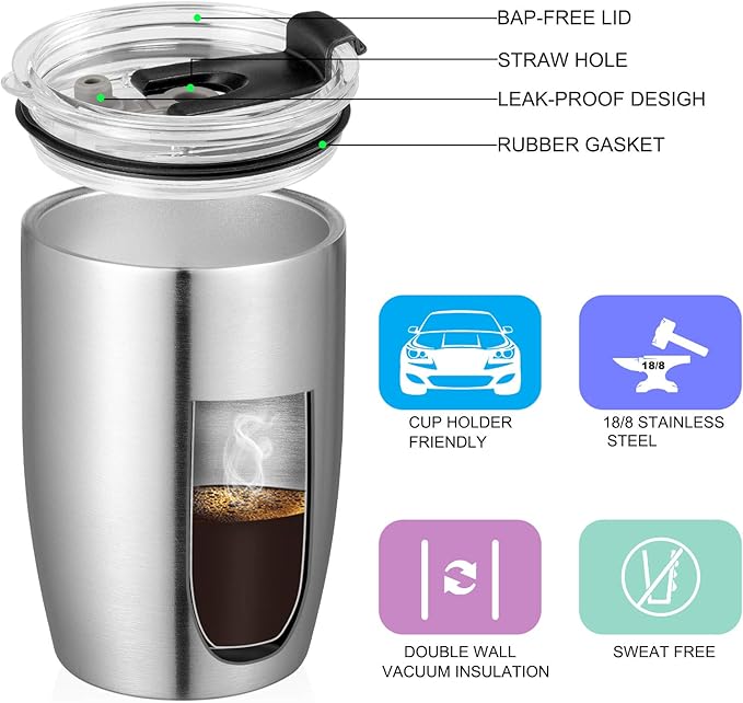 VEGOND Stainless Steel 12 oz Tumblers bulk Vacuum Insulated Double Wall Travel Tumbler with Lid and Straw Reusable Tumbler, Stainless 6 pack