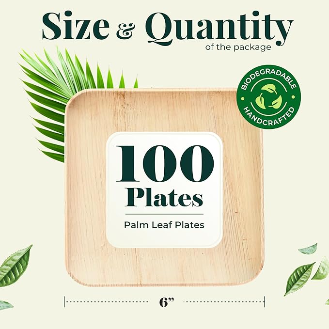Palm Leaf Plate Bamboo Paper Disposable 6 Inch 100 Bulk Appetizer and Dessert Square Party Pack Eco Biodegradable Compostable Wooden Plates Better Than Plastic Plates By KoalaLove