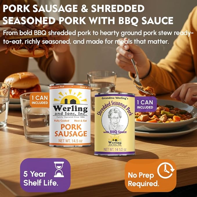 Werling & Sons Canned Meat Variety Pack 14.5 oz – Fully Cooked & Ready to Eat | 2 Beef, 2 Chicken, 2 Hamburger, 1 Turkey, 1 Pork, 1 Shredded Pork, 1 Goetta, 1 Sausage, 1 Taco | Pantry Staples, Emergency Food, Camping Meals | Pack of 12