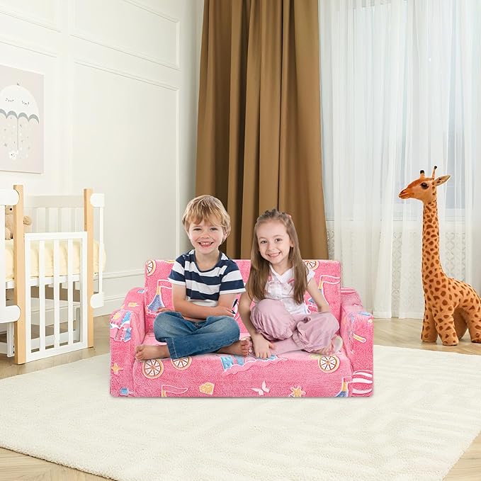 Kids Couch Extra Large,Glow in The Dark 2-in-1 Folding Kids Sofa Bed for Girls,2 Seats Convertible Sleeper Lounger Toddler Couch for Children Bedroom Playroom Nursery,Castle