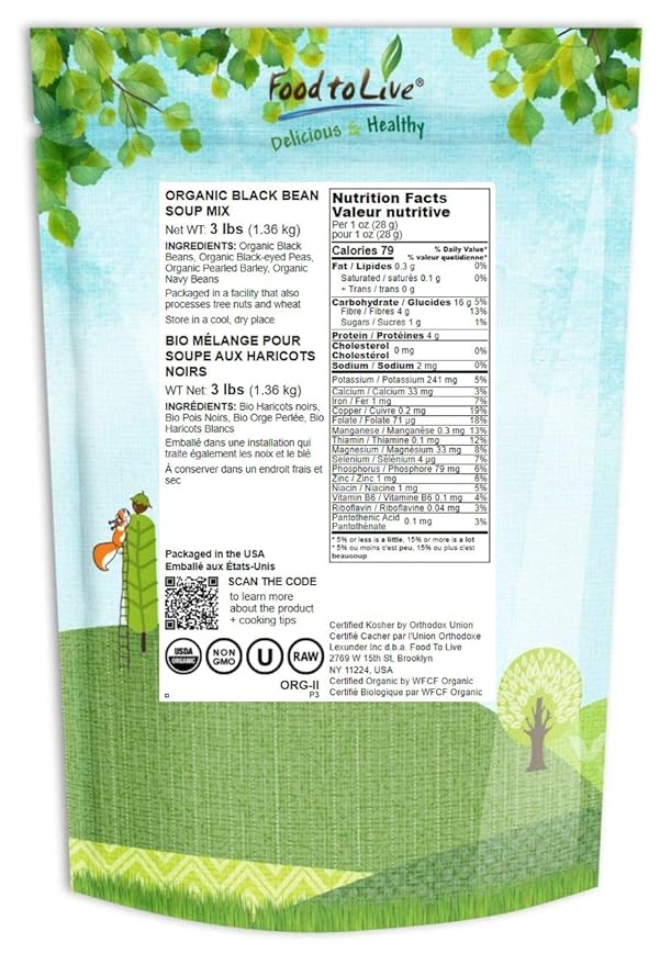 Food to Live Organic Black Bean Soup Mix, 3 Pounds - Contains Non-GMO Black Beans, Black-eyed Peas, Pearled Barley, and Navy Beans, Vegan, Bulk, Good Source of Dietary Fiber, Protein, Copper