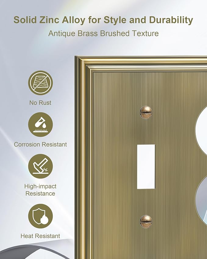 2-Pack Combo Toggle/Duplex Light Switch Cover Plate, Antique Brass Wall Outlet Cover Plate, Decorative Wall Receptacle Cover for Electrical Outlets, Light Switch, Durable Solid Zinc Alloy